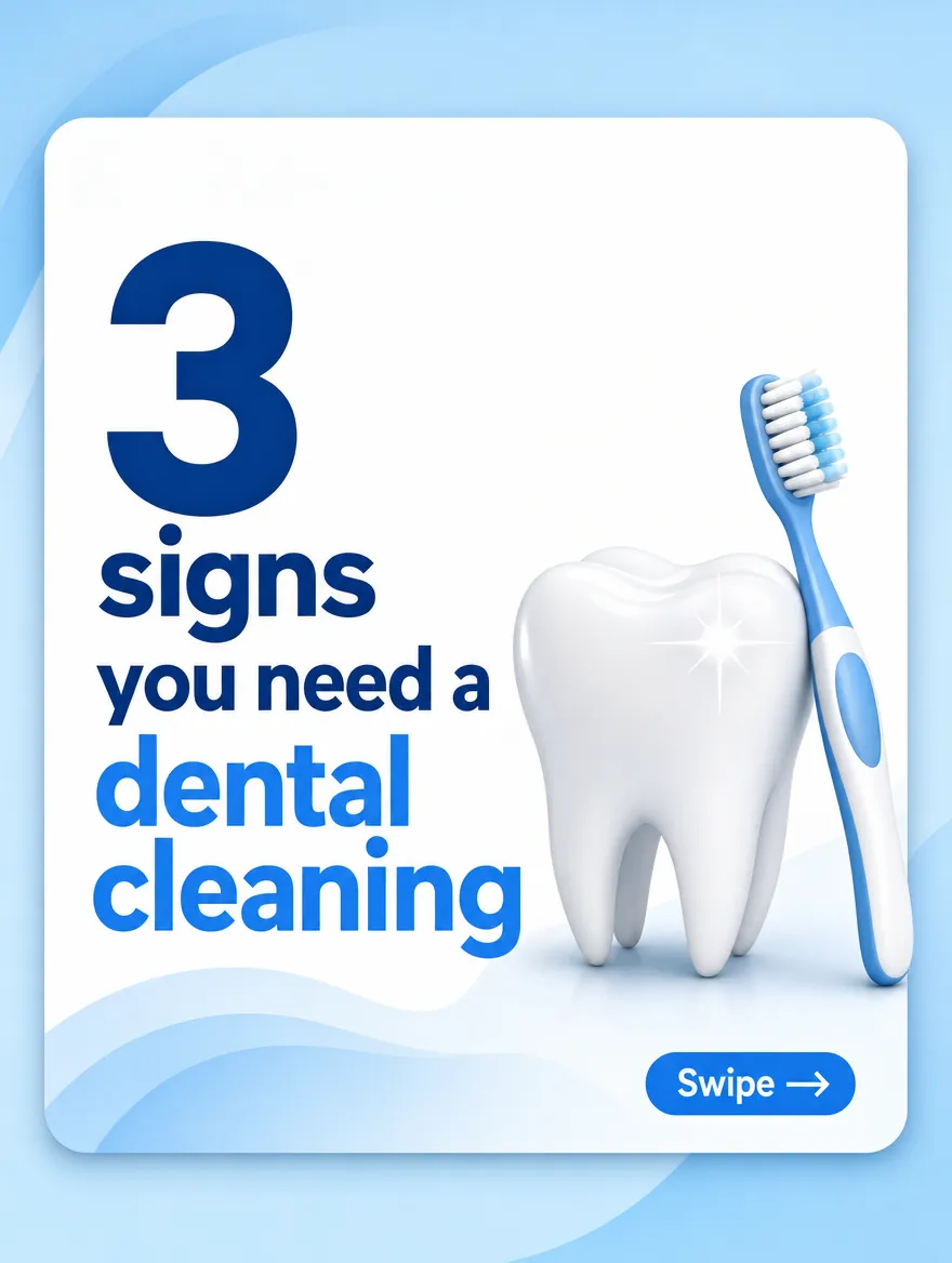 Example carousel, first slide: "3 signs you need a dental cleaning", with a shiny tooth and a toothbrush.