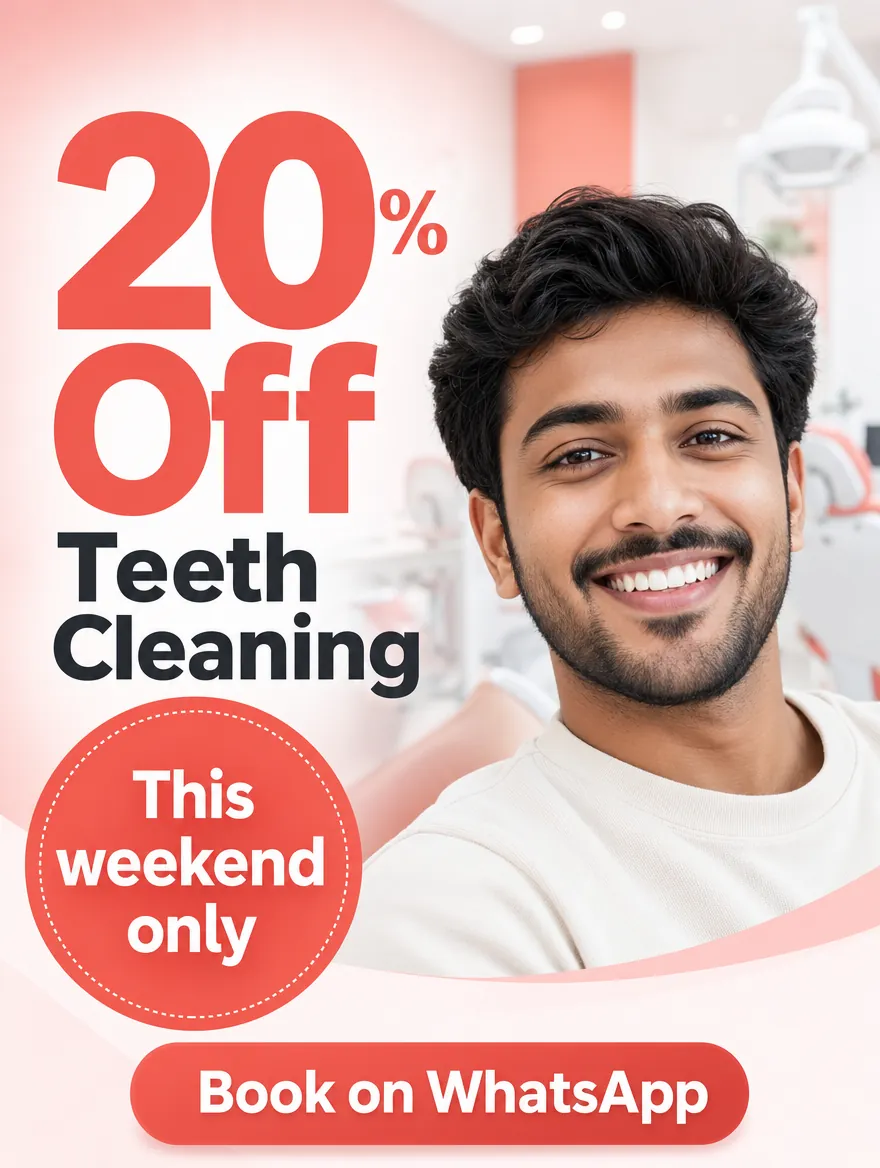 Example poster: "20% Off Teeth Cleaning, this weekend only", a smiling young man and a Book on WhatsApp button.