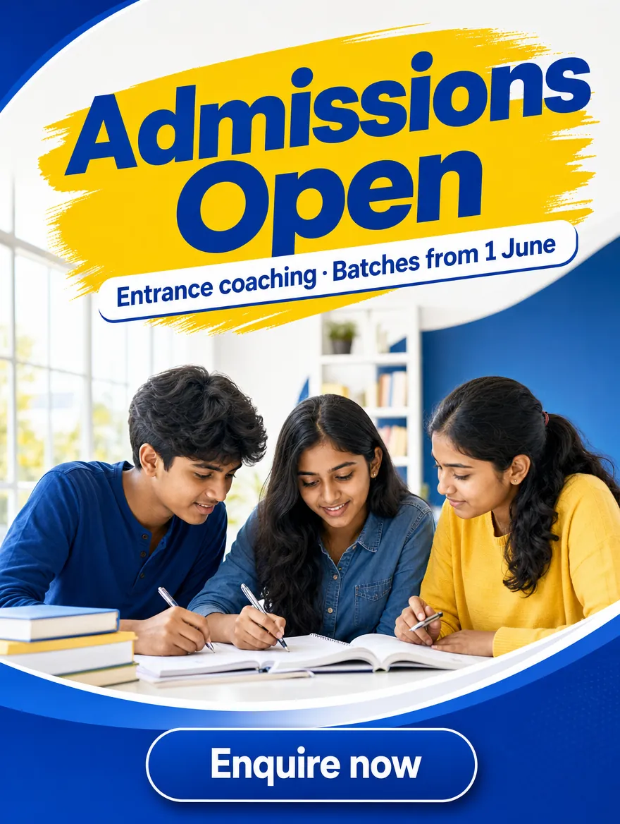 Example poster: "Admissions Open, entrance coaching, batches from 1 June", students studying together and an Enquire now button.