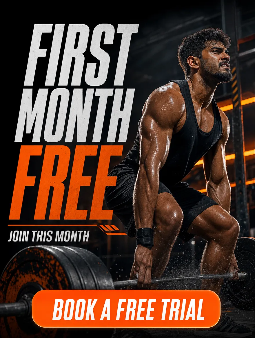 Example poster: "First Month Free, join this month", a man lifting a barbell and a Book a free trial button.