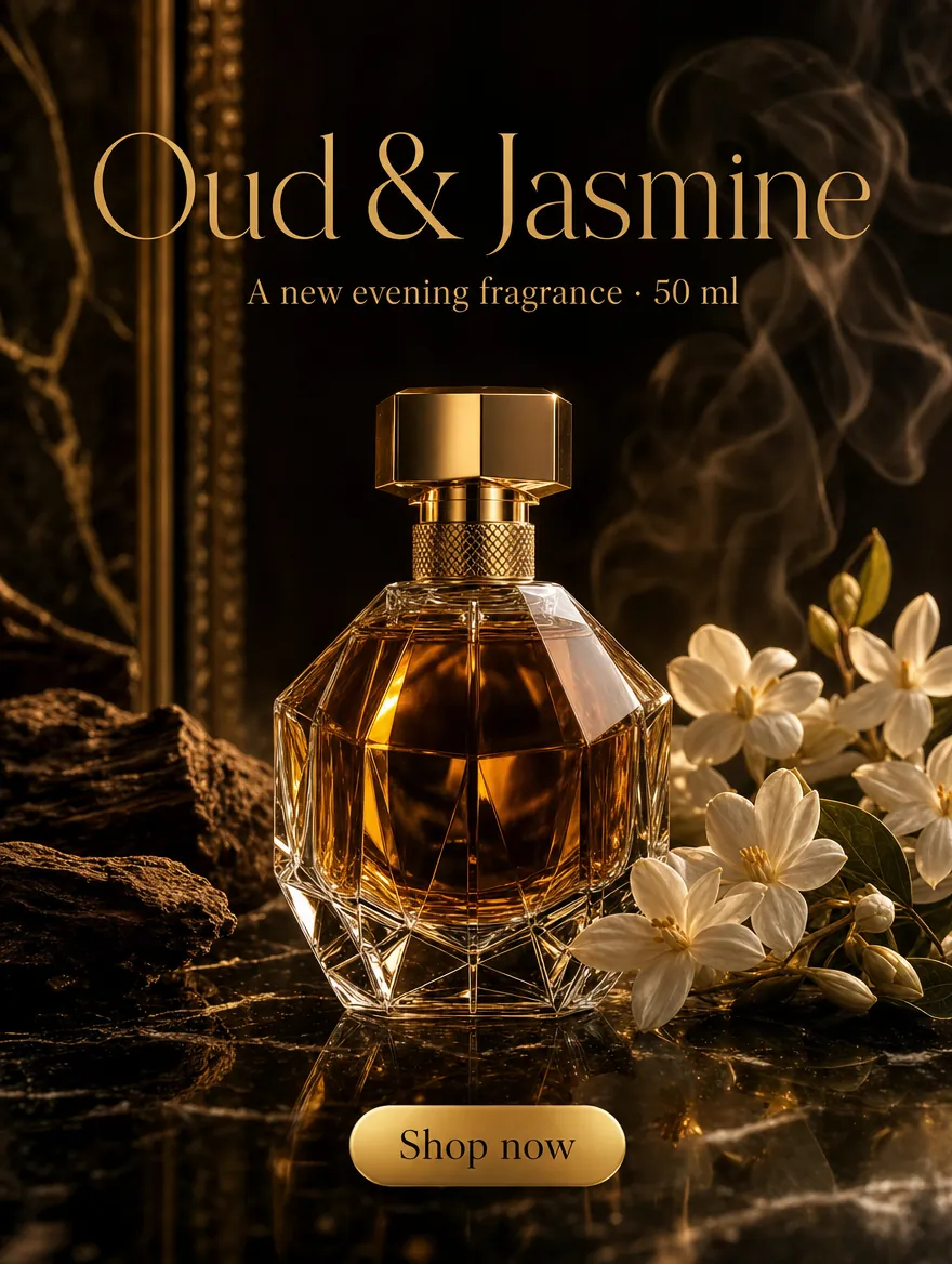 Example poster: "Oud and Jasmine, a new evening fragrance, 50 ml", an unlabelled glass bottle on black marble with jasmine and a Shop now button.