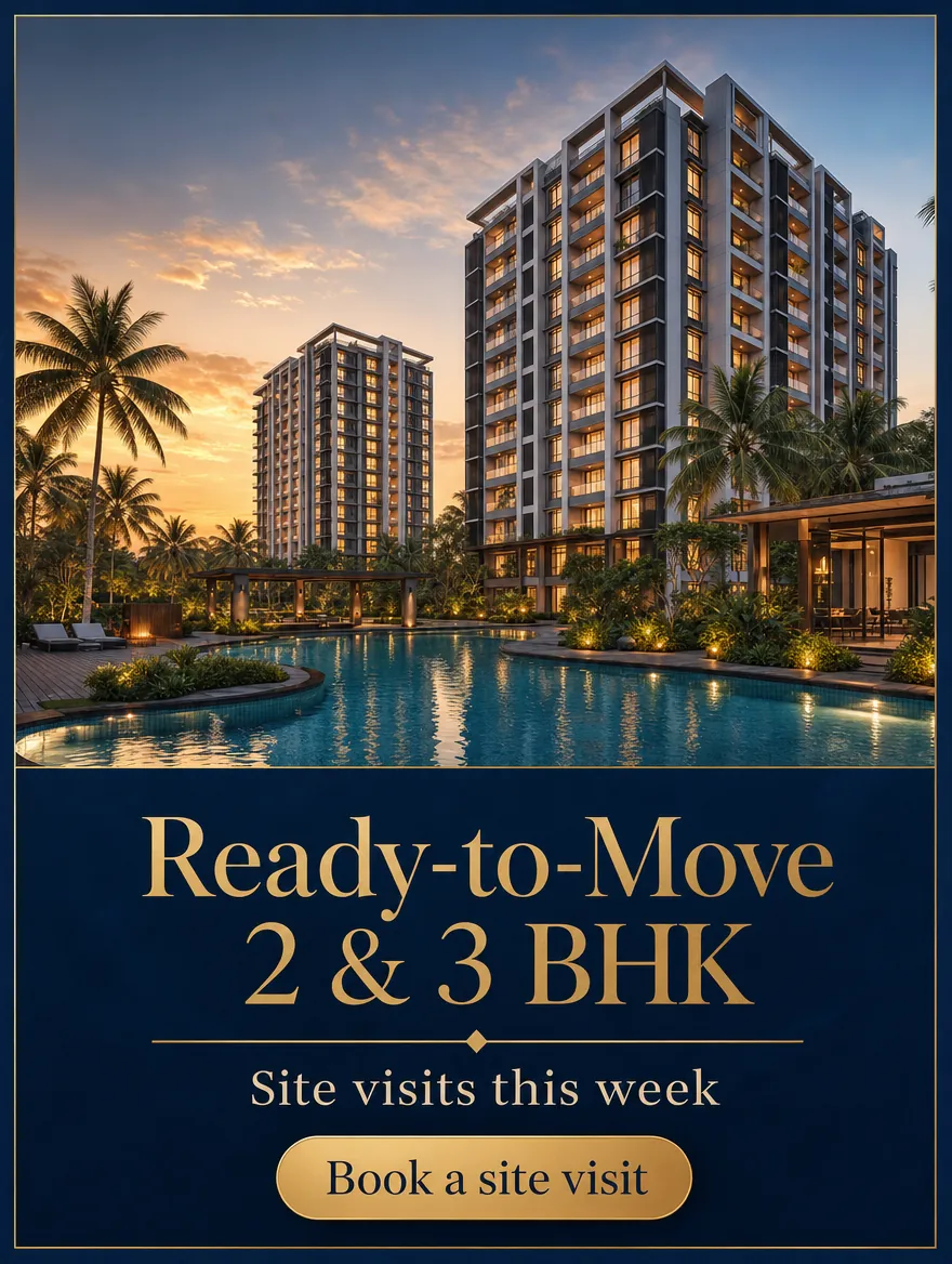 Example poster: "Ready-to-Move 2 and 3 BHK, site visits this week", apartment towers at golden hour and a Book a site visit button.