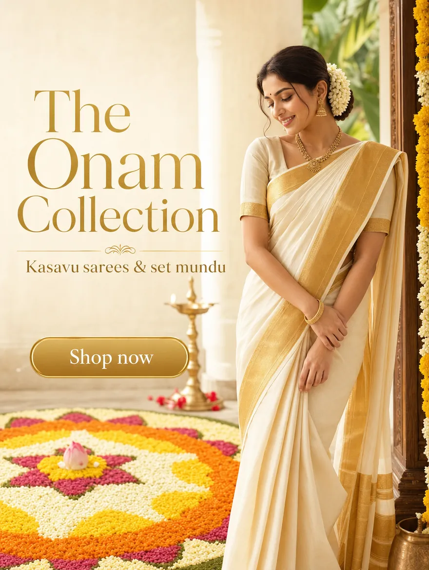 Example poster: "The Onam Collection, kasavu sarees and set mundu", a woman in a gold-bordered saree beside a pookalam and a Shop now button.