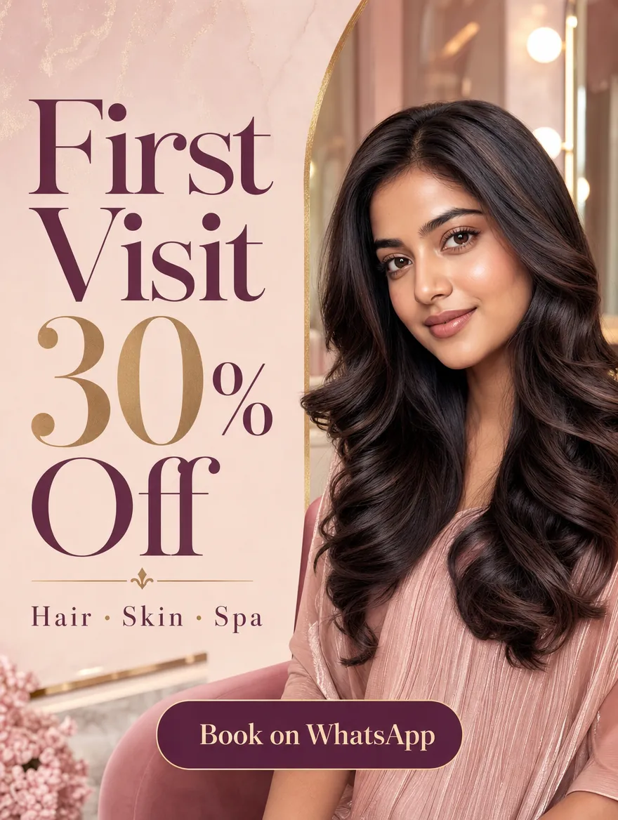 Example poster: "First Visit 30% Off, hair, skin, spa", a woman with freshly styled hair and a Book on WhatsApp button.